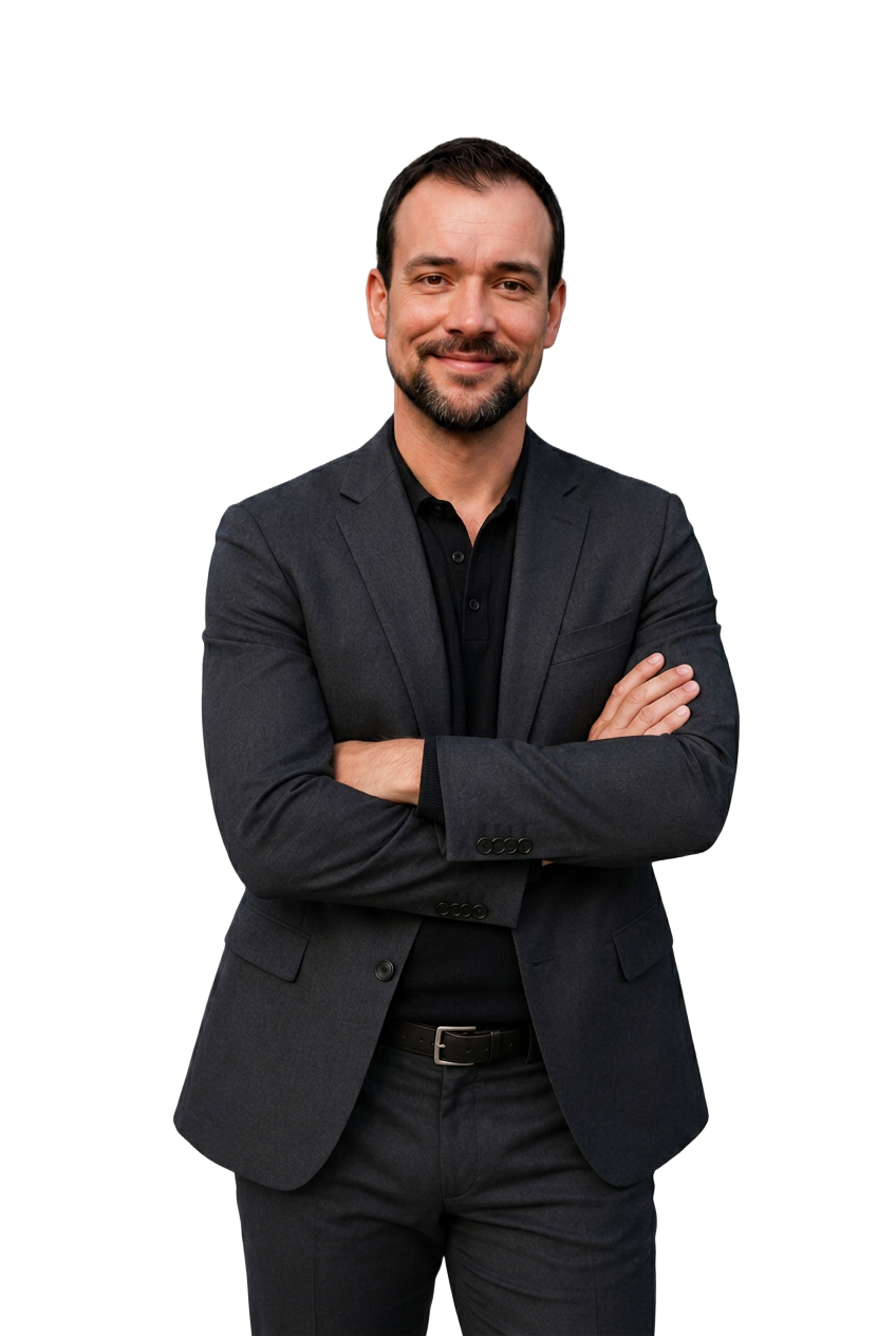 Bjorn Donners — Founder & Strateeg bij Synergi8, initiator van de Synergi8-audit en agentic groeimotor. Bjorn Donners, founder en strateeg van Synergi8, portret in donker pak met gekruiste armen